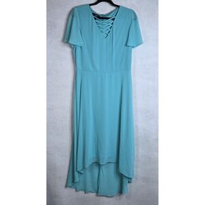 AGB Teal Chiffon Lace-Up Hi Low Midi Dress‎ Flutter Sleeve Size 12